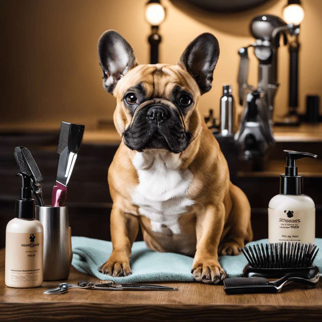 An image showcasing a smiling, well-groomed French Bulldog on a grooming table, surrounded by essential tools like a slicker brush, nail clippers, and ear wipes