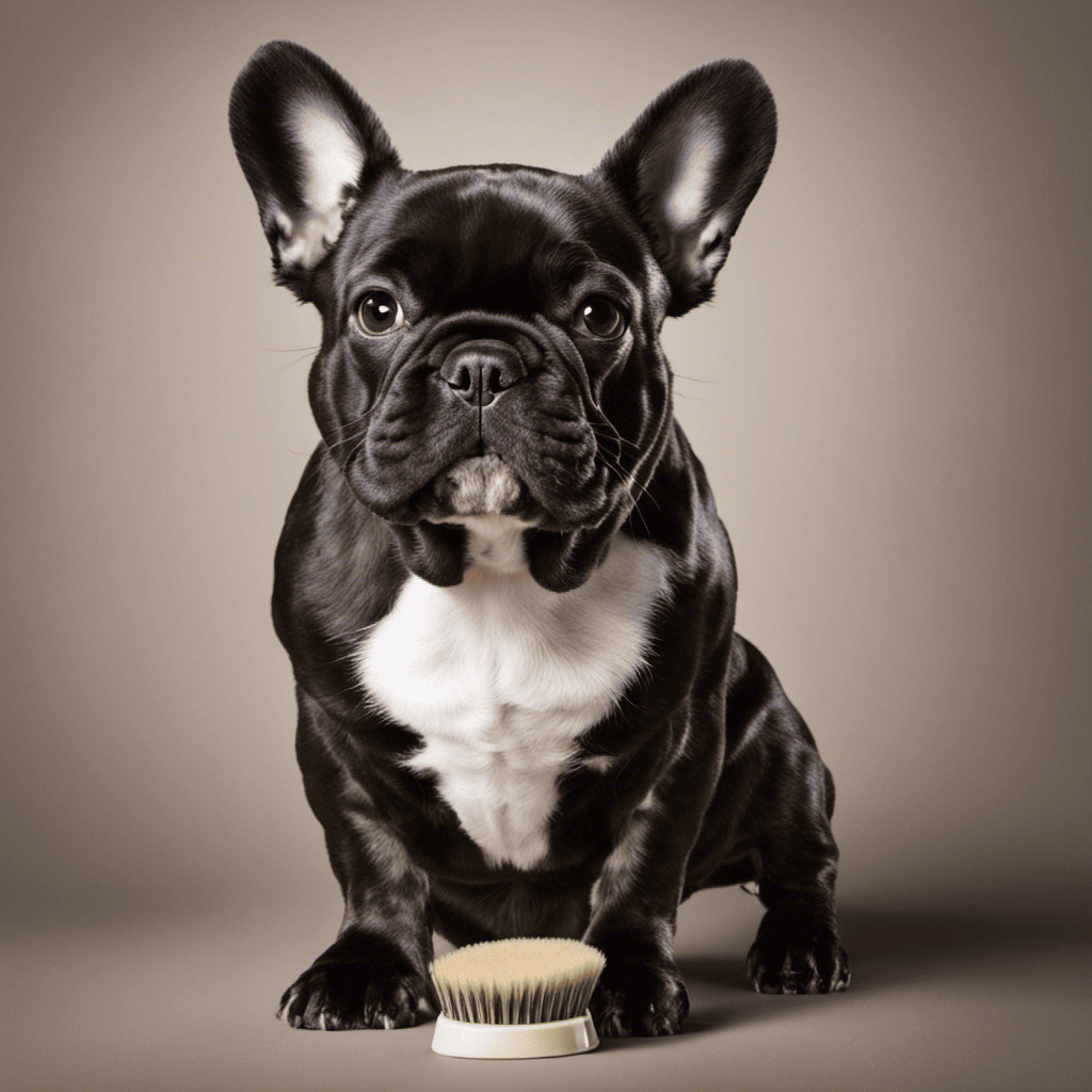 An image showcasing a content French Bulldog with a glossy coat, as a groomer gently brushes its fur with a soft bristle brush, capturing the importance of regular brushing for maintaining a healthy and shiny coat