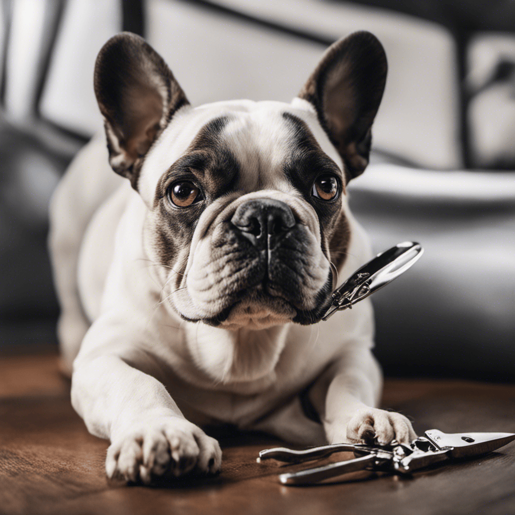 An image showcasing a close-up of a French Bulldog's paw, with a gentle hand holding specialized nail clippers poised to trim the dog's nails