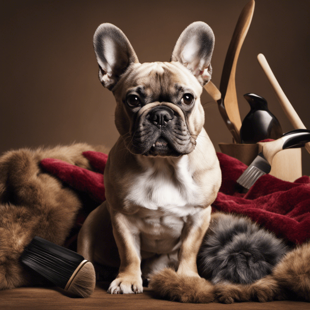An image featuring a French Bulldog happily sitting on a groomed blanket, surrounded by a neat pile of collected fur