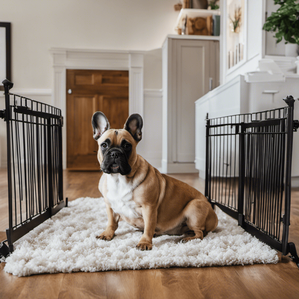 An image of a cozy living room with a playful French Bulldog, surrounded by baby gates, covered electrical cords, secured trash cans, and safely stored household items, demonstrating the importance of dog-proofing your home