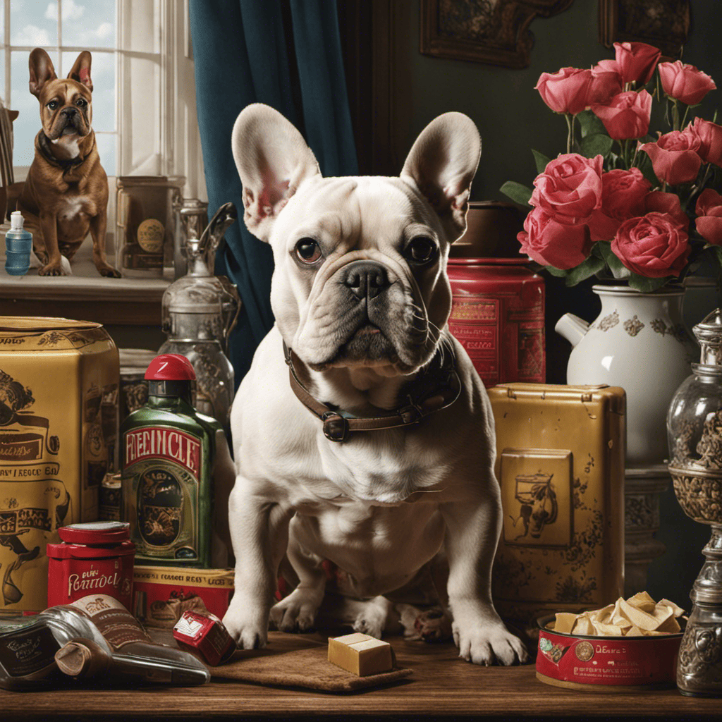 An image featuring a French Bulldog surrounded by household items that are safe for dogs, contrasting with toxic substances such as cleaning products and chocolate, emphasizing the importance of Frenchie-proofing your home