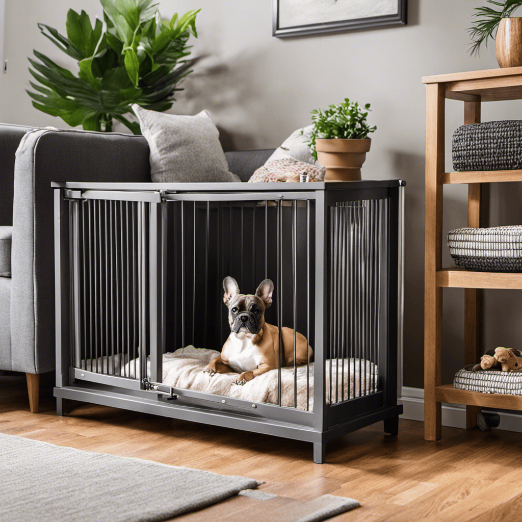 An image of a cozy corner in a living room, featuring a soft dog bed with chew toys nearby, a sturdy baby gate securing the area, and childproof electrical outlets, showcasing a safe space designed for a French Bulldog