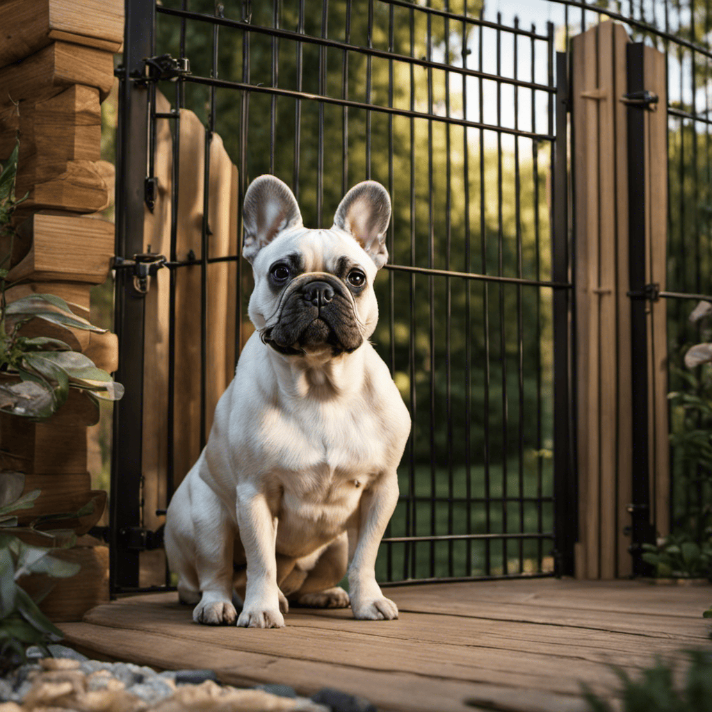 An image capturing a French Bulldog sitting contently inside a securely fenced backyard, showcasing a double-gated entry, reinforced fencing, and a sturdy lock, emphasizing the importance of preventing escapes and ensuring a safe environment for your Frenchie