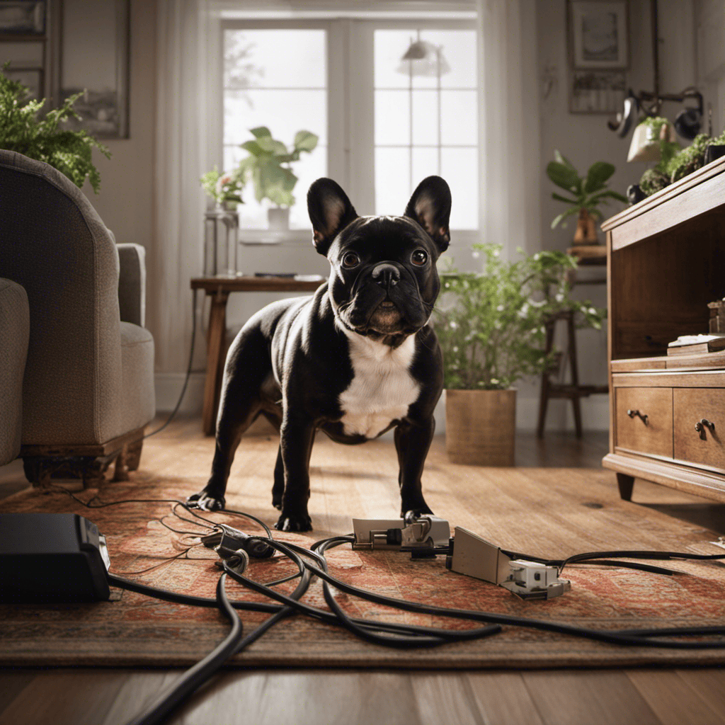 An image showing a French Bulldog exploring a living room filled with potential hazards