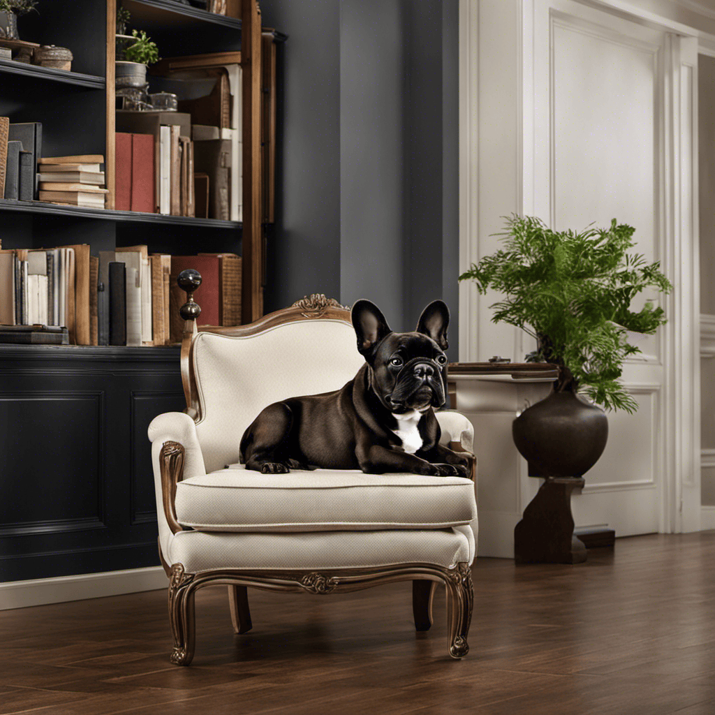 An image capturing a French Bulldog safely playing in a living room, showcasing electrical safety measures such as cord concealment, outlet covers, and secure wire management