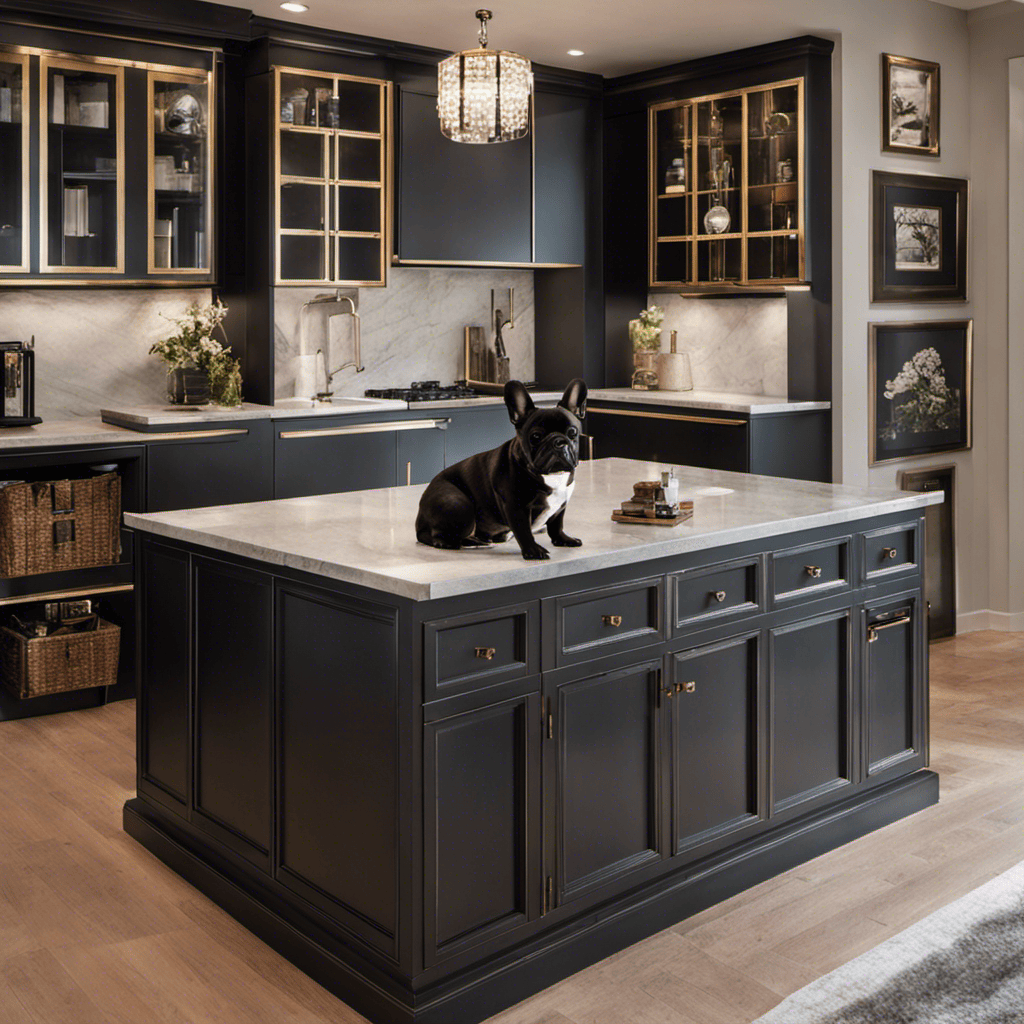 An image showcasing a French Bulldog-friendly home by depicting a room with secured cabinets, a latched trash can, locked medicine drawers, unreachable electrical cords, and covered outlets