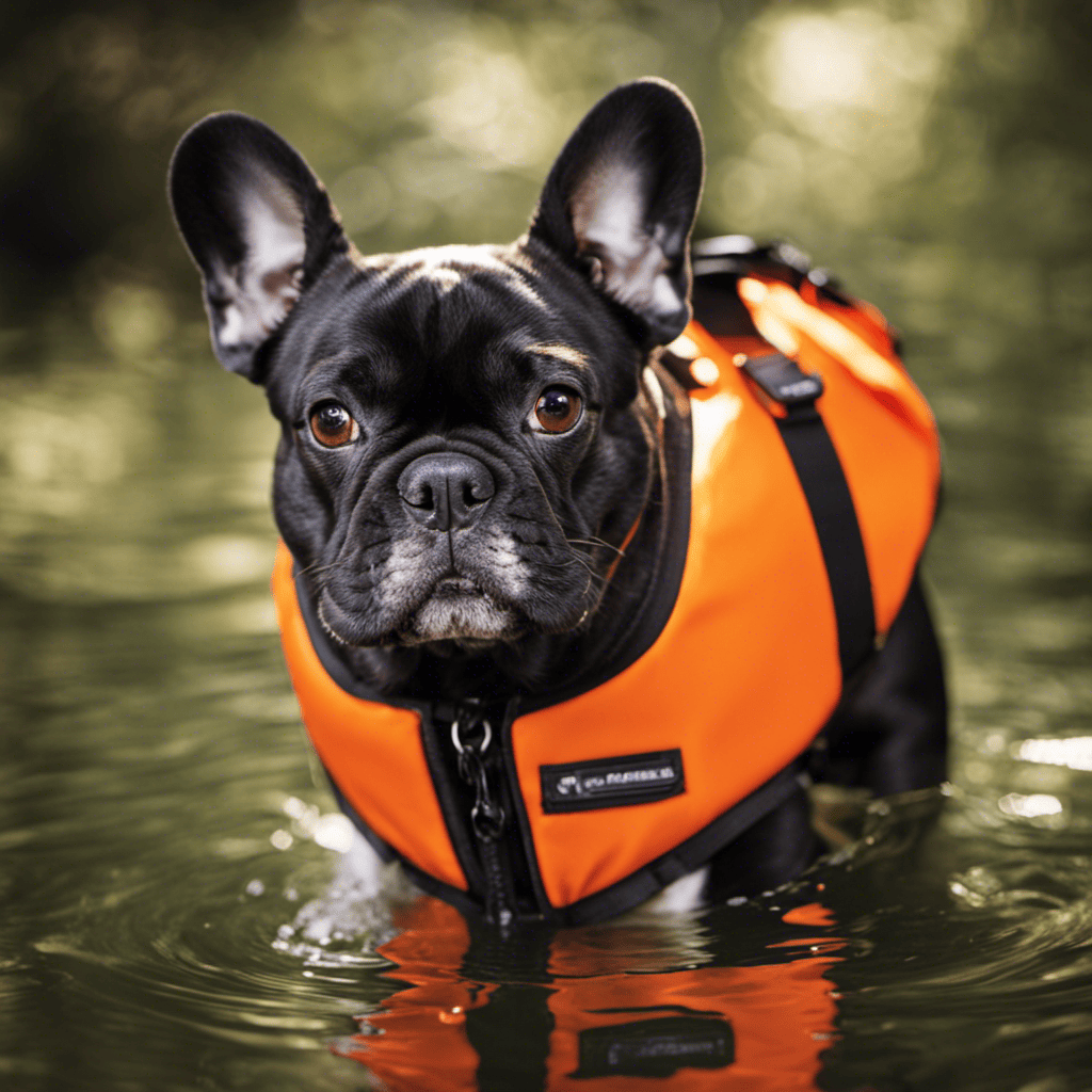 An image showcasing a French Bulldog happily wearing a bright orange life jacket while being gently guided by a loving owner