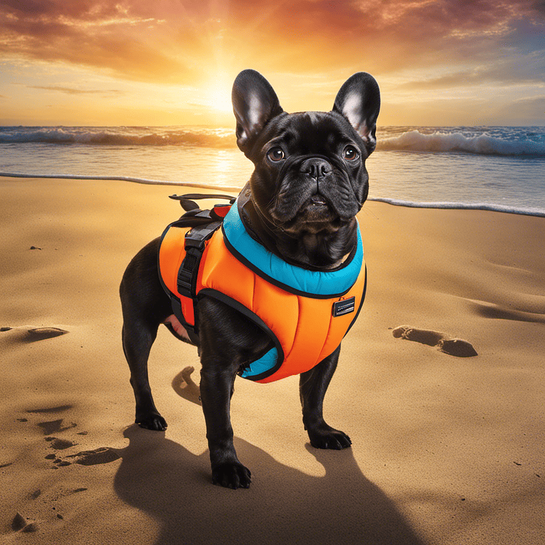 French bulldog wearing a life jacket, seemingly struggling in the water, possibly drowning.