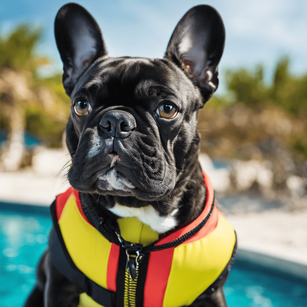 An image showcasing a French Bulldog wearing a brightly colored life jacket, surrounded by a pool or beach setting