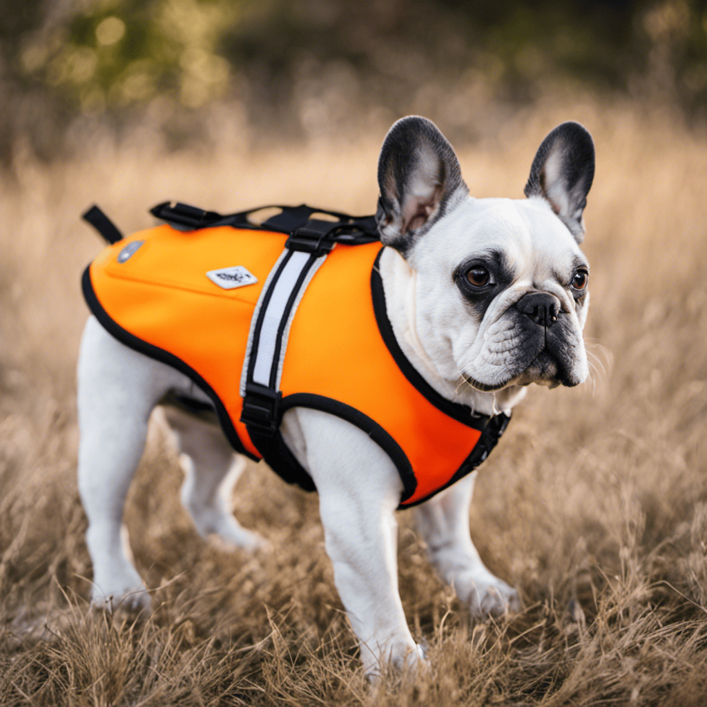 An image showcasing a French Bulldog wearing a properly fitted life jacket in bright, vibrant colors