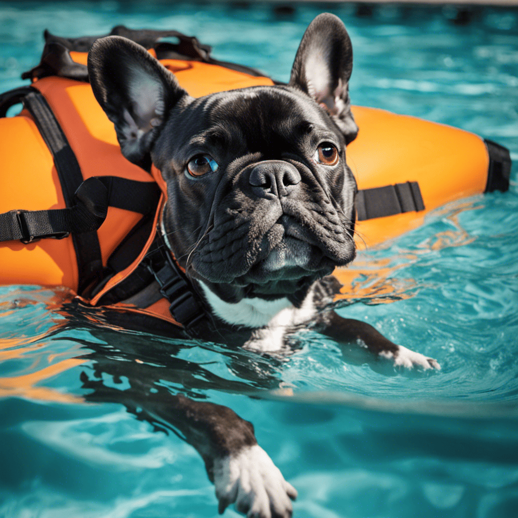 An image depicting a French Bulldog wearing a life jacket while swimming in a pool