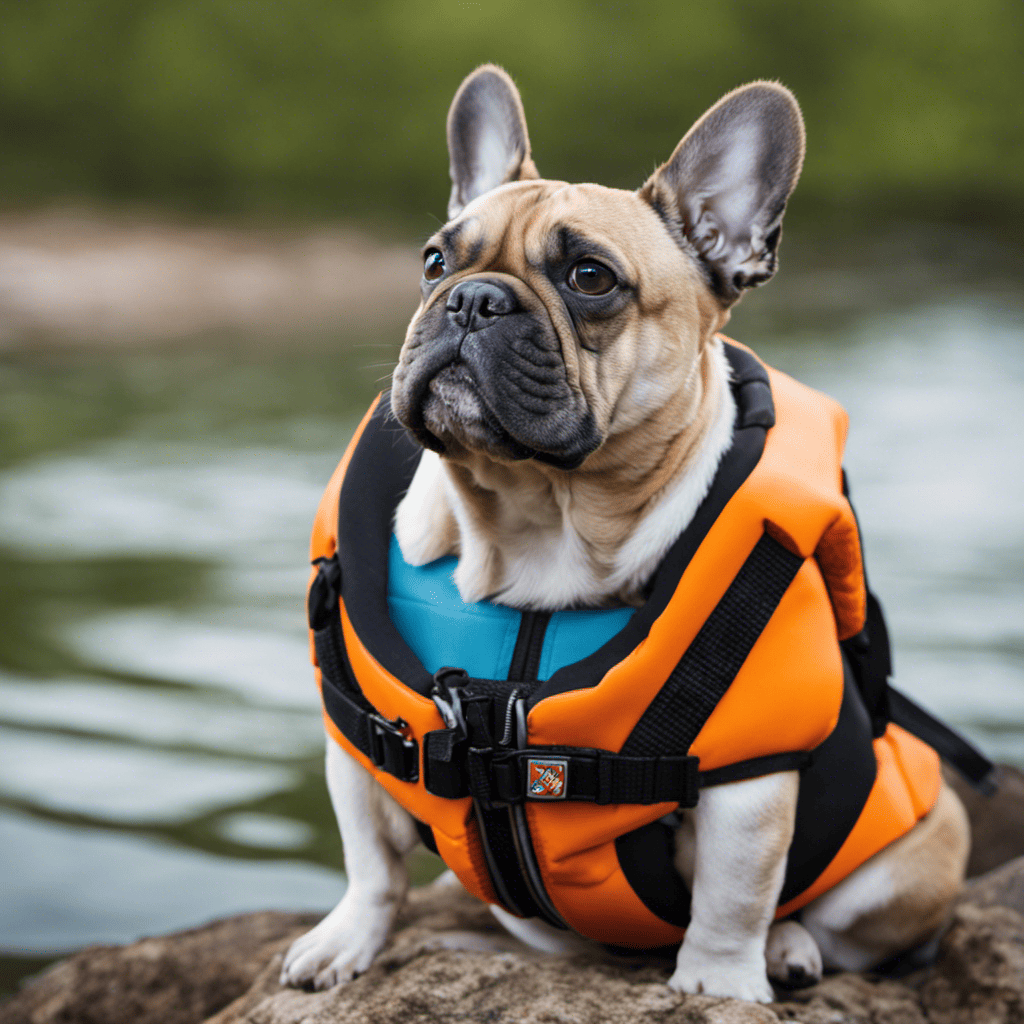 An image showcasing a French Bulldog wearing a life jacket, emphasizing the proper fit and adjustments