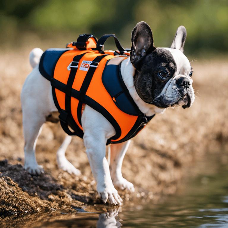 French bulldog wearing a bright orange life jacket for water safety.