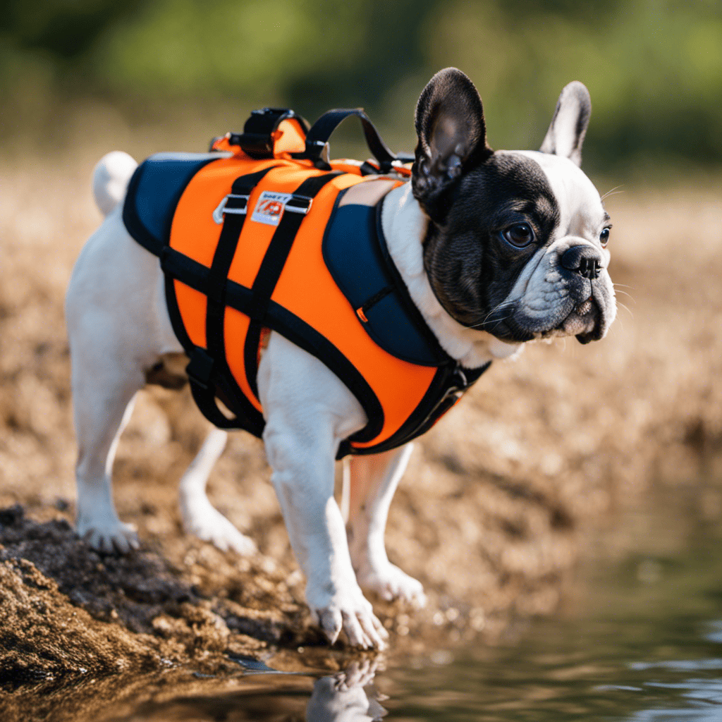 An image showcasing a French Bulldog wearing a life jacket with a loose and ill-fitted strap, demonstrating the common mistake to avoid