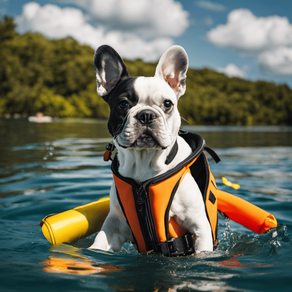 An image showcasing a French Bulldog wearing a vibrant, snug-fitting life jacket while happily swimming in calm waters