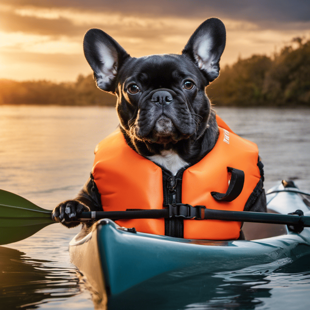 An image of a French Bulldog wearing a bright orange life jacket while sitting in a kayak, surrounded by calm water