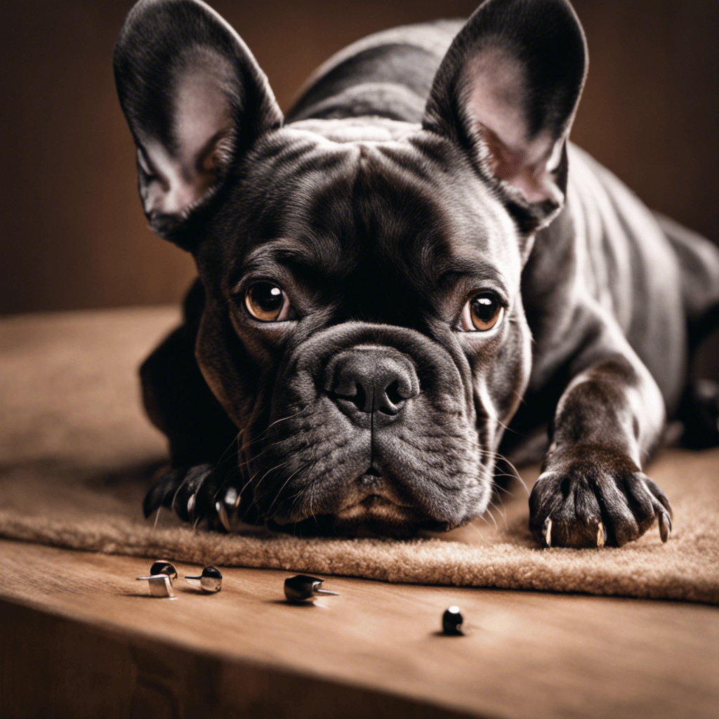 An image of a French Bulldog with nails that are too short, causing bleeding and discomfort, to illustrate the common mistake of over-trimming