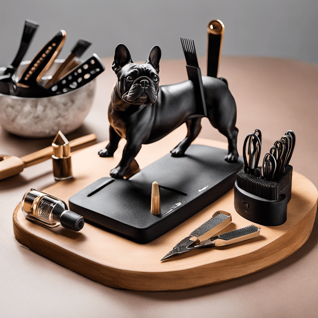 An image showcasing a variety of specialized nail trimming tools ideal for French Bulldogs, such as guillotine-style clippers, grinder tools, and styptic powder, arranged neatly on a clean, well-lit surface