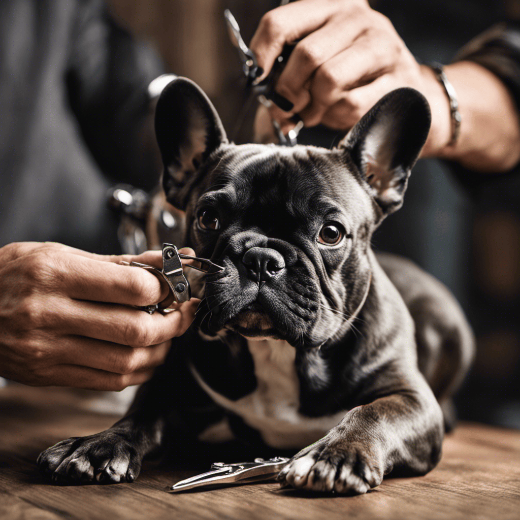 An image of a French Bulldog anxiously pulling away from a nail clipper, with a concerned owner gently holding their paw, showcasing the struggle and resistance Frenchie's may have during nail care