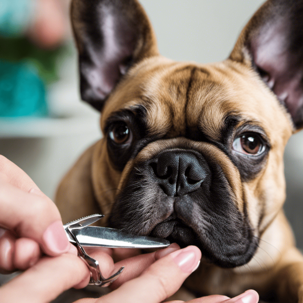 An image showcasing a French Bulldog's paw with trimmed nails, surrounded by nail clippers, a styptic powder, and a nail file