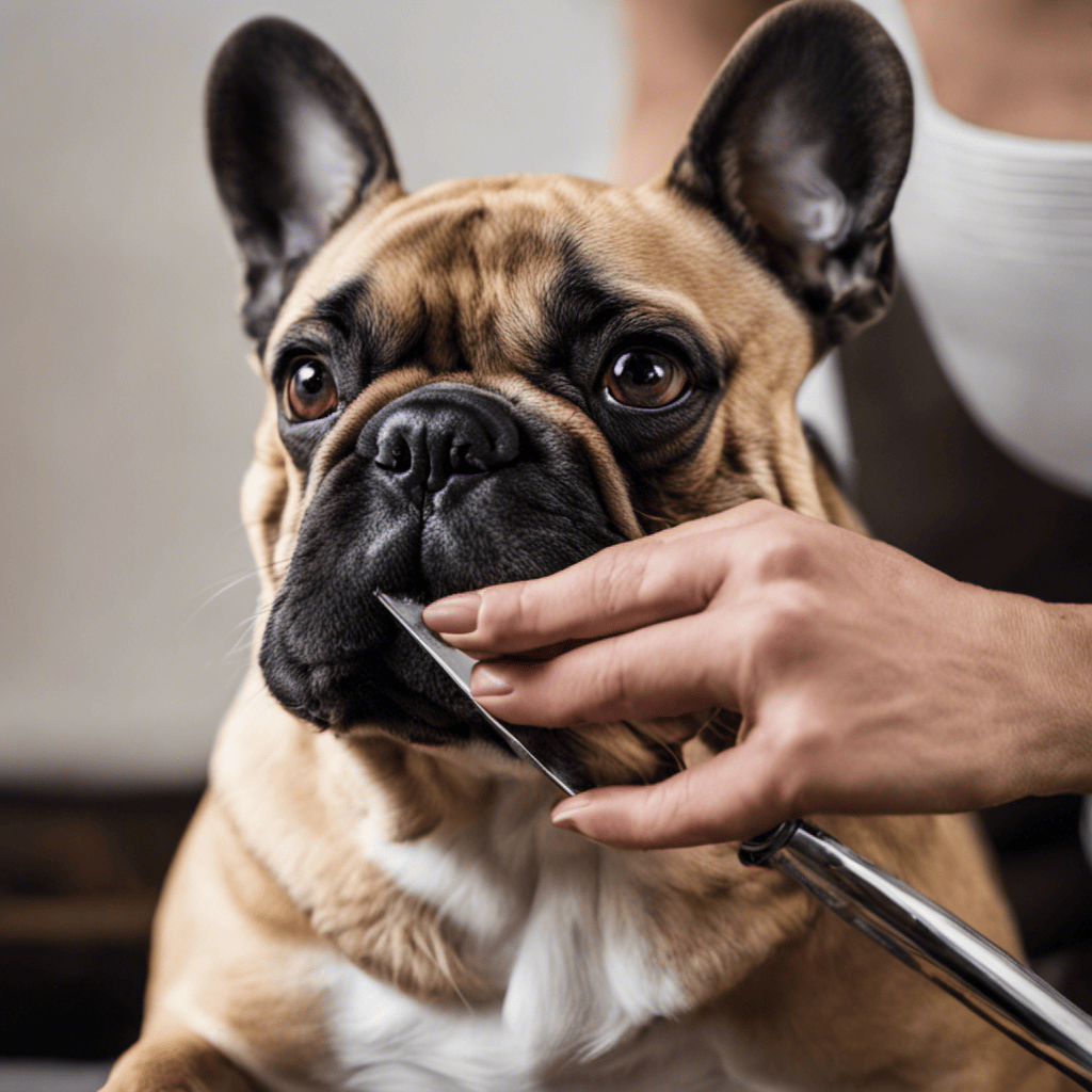 An image showcasing a close-up view of a French Bulldog's paw, with the owner gently holding the dog's paw and using a nail trimmer to carefully trim the nails