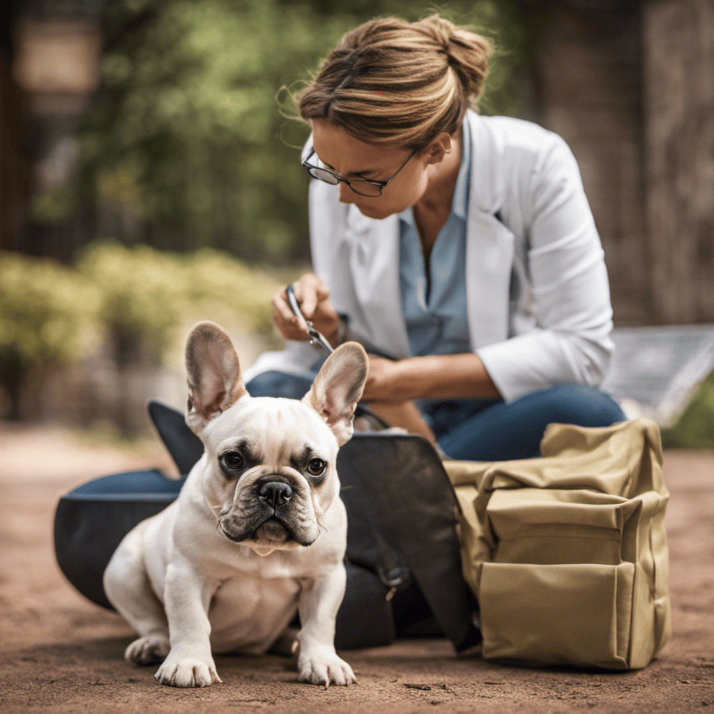 An image showcasing a patient French Bulldog puppy sitting attentively while a trainer demonstrates effective problem-solving techniques