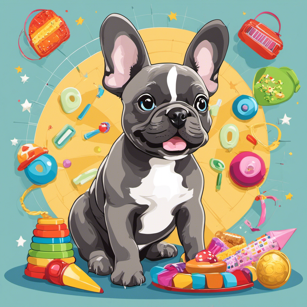 An image showcasing a playful French Bulldog puppy eagerly sitting next to a clicker, while a hand gently rewards it with a treat