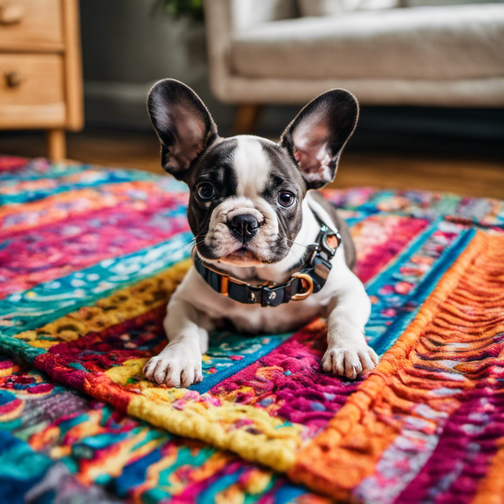 An image of a French Bulldog puppy sitting on a colorful, patterned pee pad in a well-lit room, with a proud owner standing nearby, holding a clicker and treats, while the pup looks up attentively