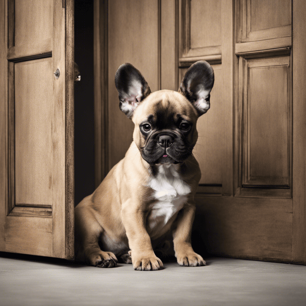 An image capturing a distraught French Bulldog puppy sitting by a closed door, pawing at it, while a kind trainer offers comfort and provides training techniques