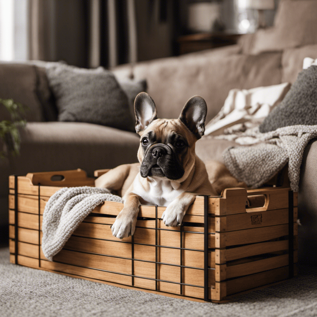 An image showcasing a cozy corner of a living room with a stylish crate, adorned with soft bedding and chew toys, where a contented French Bulldog puppy rests comfortably, demonstrating the benefits of crate training