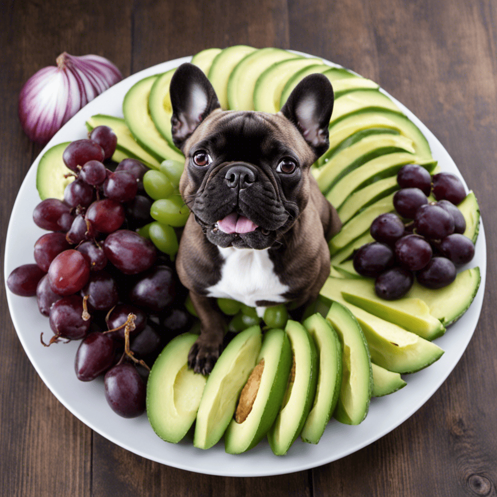 An image showcasing a platter with forbidden foods for French Bulldogs, including rich chocolates, onions, grapes, and avocados