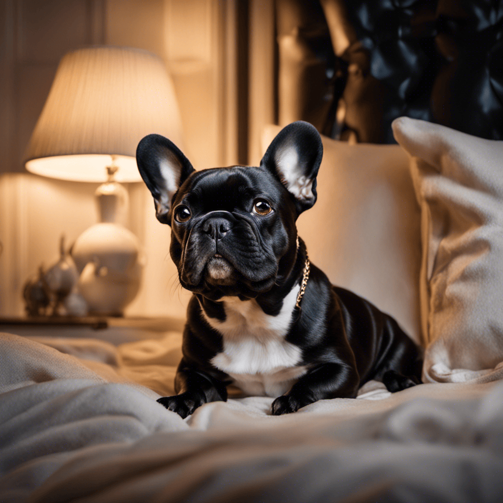 An image capturing the serene scene of a cozy bedroom at night, adorned with a plush French Bulldog curled up on a soft bed, peacefully asleep amidst dimmed lights and a soothing nightlight