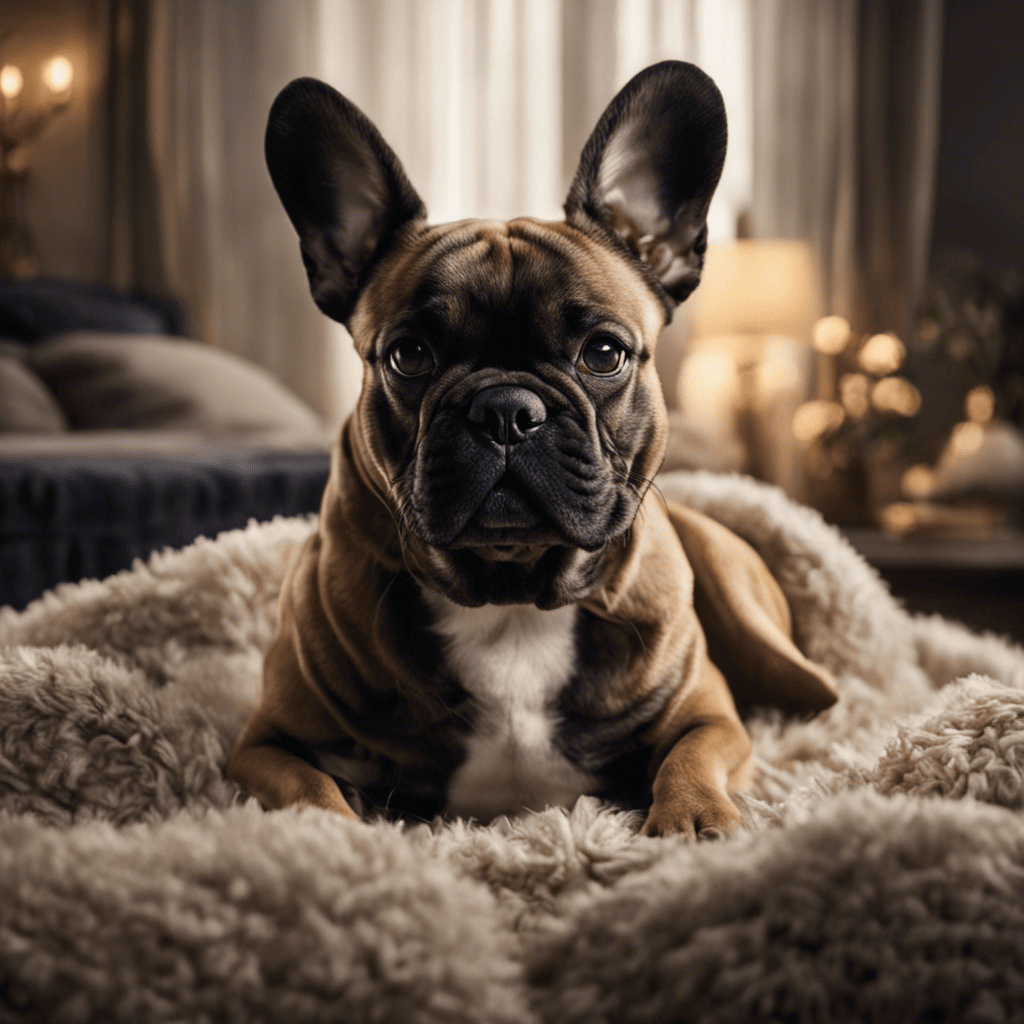 An image that captures a serene atmosphere with dimmed lights, showcasing a cozy French Bulldog curled up on a plush bed, surrounded by soft pillows, while an owner gently strokes their head