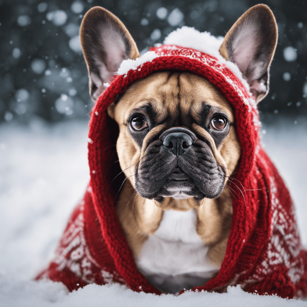 An image showcasing a cozy French Bulldog bundled up in a warm knitted sweater, wearing stylish booties, with a snow-covered background