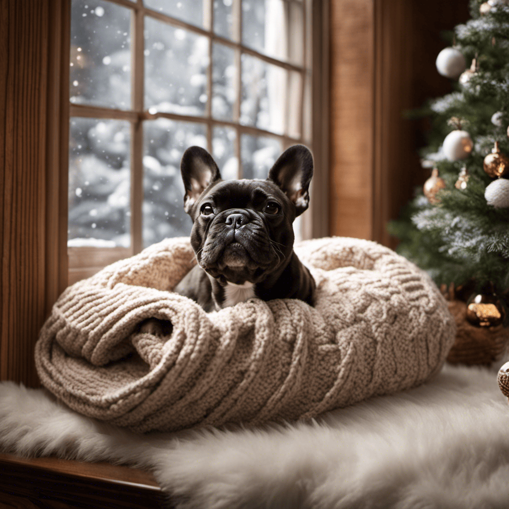 An image capturing a French Bulldog curled up on a plush, fleece-lined bed near a crackling fireplace, adorned with a knitted sweater, surrounded by cozy blankets and snowflakes gently falling outside the window