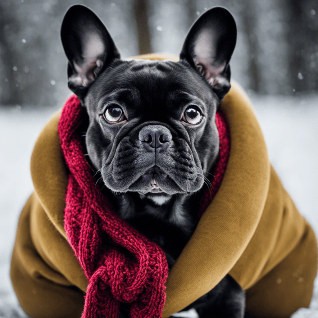 An image showcasing a French Bulldog wearing a snug-fitting, insulated winter coat, with a stylish scarf wrapped around its neck