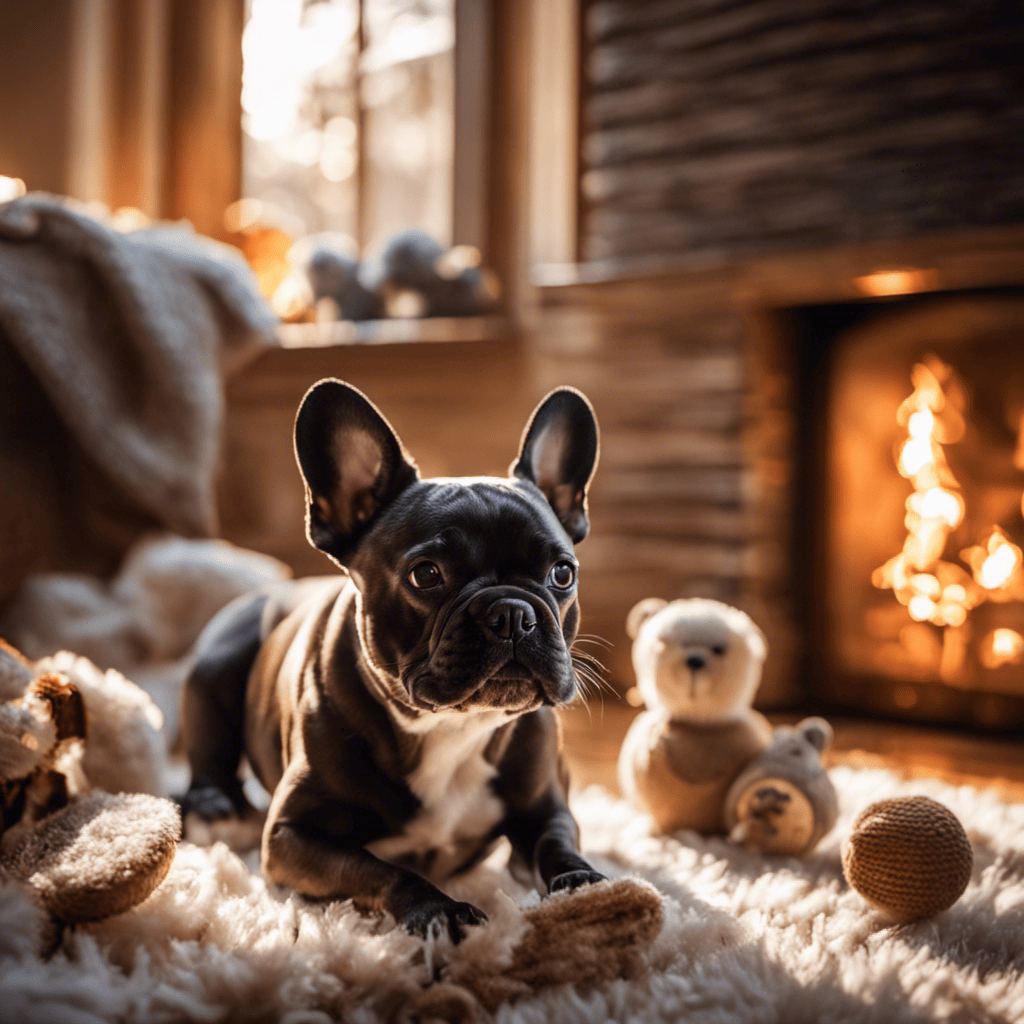 An image showcasing a French Bulldog playing with a puzzle toy on a cozy rug by a fireplace, surrounded by plush toys and a stack of dog books, with soft winter sunlight streaming through the window