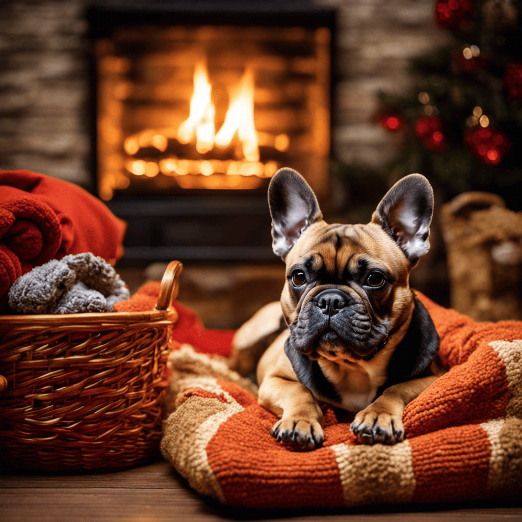 An image showcasing a French Bulldog lounging by a crackling fireplace, surrounded by plush blankets and a snug dog bed