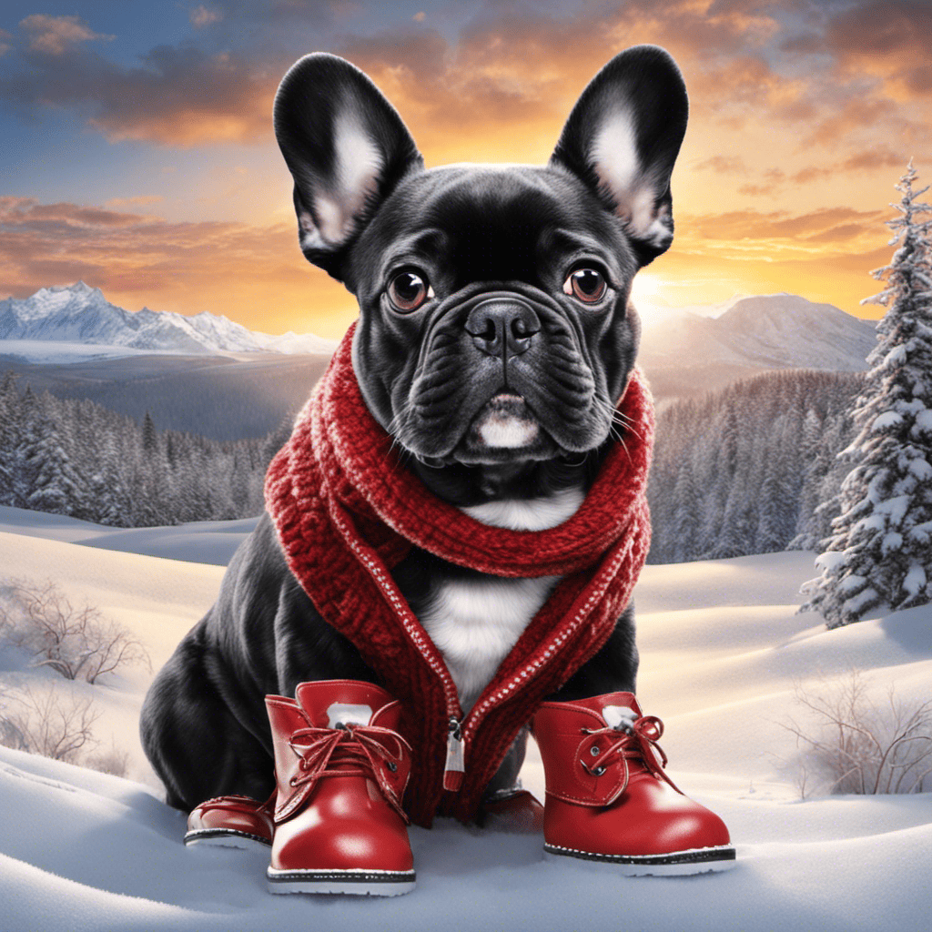 An image capturing a French Bulldog wearing adorable winter booties, surrounded by a snowy landscape