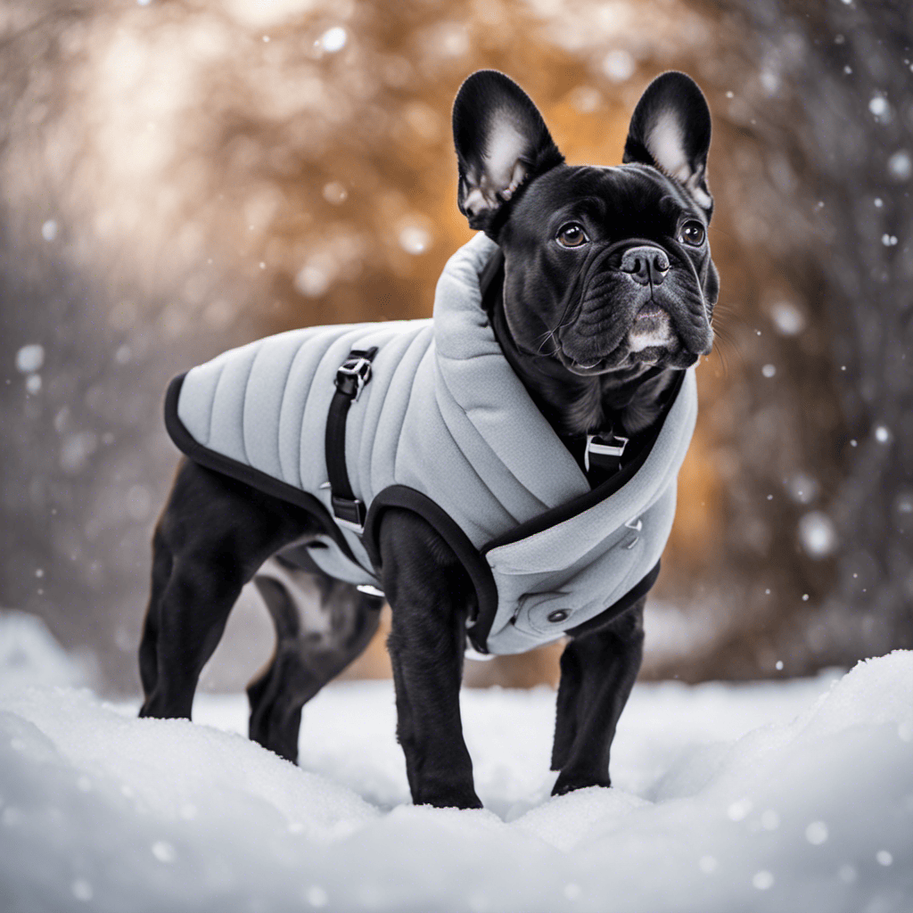 An image showcasing a French Bulldog wrapped in a stylish, insulated dog coat, wearing paw booties, and walking on a snowy sidewalk with a fenced backyard in the background