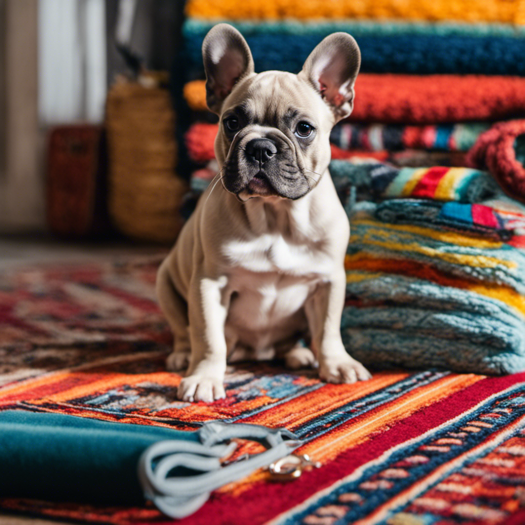 An image showing a French Bulldog puppy sitting on a colorful, patterned rug in a sunlit room, next to a stack of training pads and a small leash, portraying the journey of house training