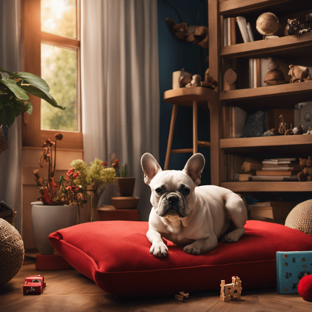 An image depicting a cozy living room with a French Bulldog gazing longingly out of a window, showcasing toys, a comfy bed, and engaging puzzle toys scattered around the room to encourage mental stimulation and prevent separation anxiety