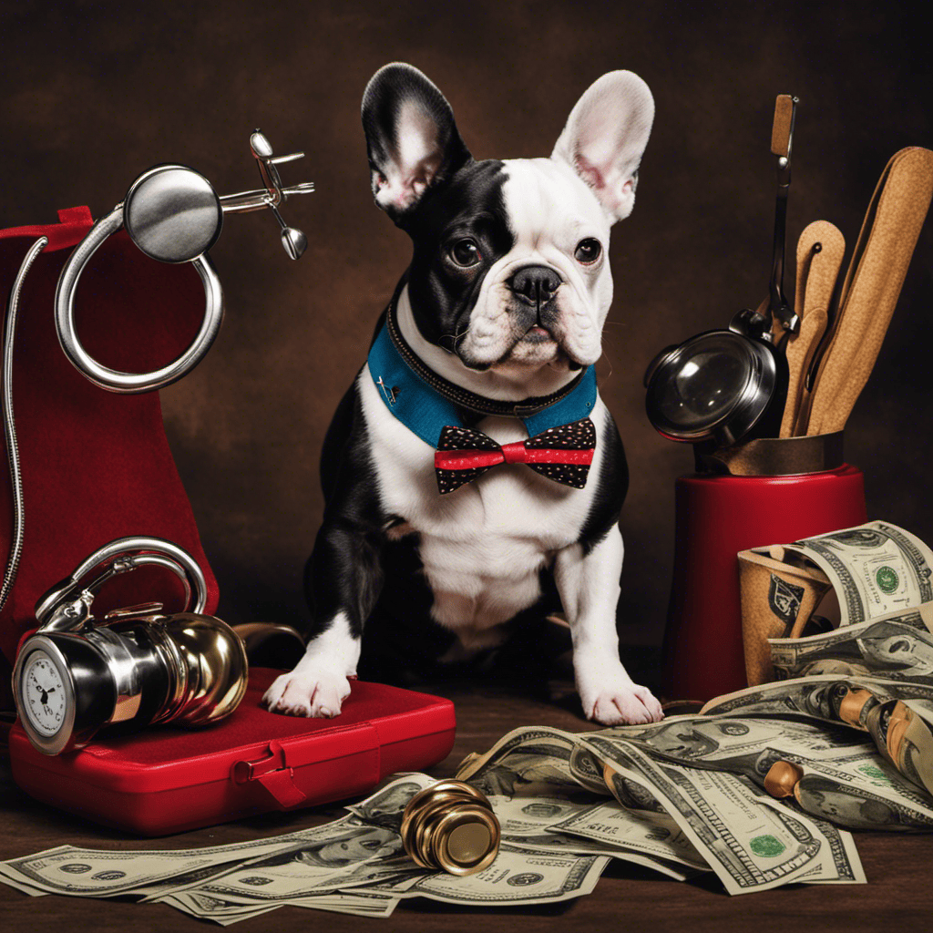 An image showcasing a French Bulldog surrounded by various objects symbolizing factors affecting its price, such as a veterinary stethoscope, a fancy dog collar, a stack of dollar bills, a pet adoption brochure, and a scale representing supply and demand