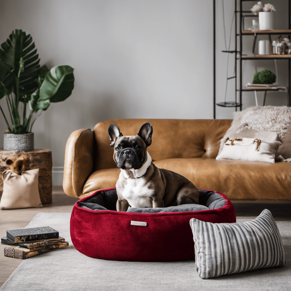 An image showcasing a cozy living room with a French Bulldog cuddled up on a designer dog bed, surrounded by dog toys and accessories