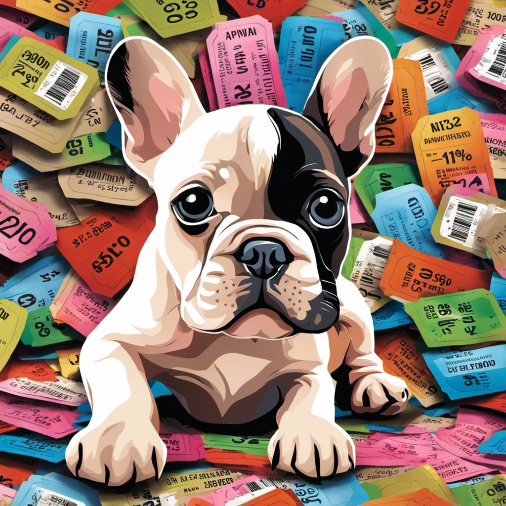 An image showcasing a French Bulldog puppy surrounded by price tags of various denominations, symbolizing the initial cost