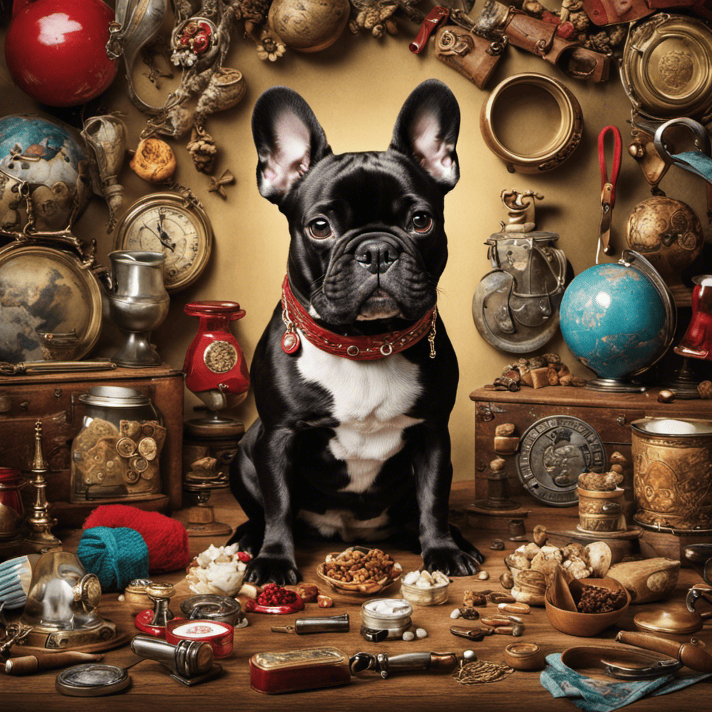 An image showcasing a French Bulldog surrounded by various items representing additional costs, such as a collar, leash, food bowls, toys, grooming supplies, and vet bills