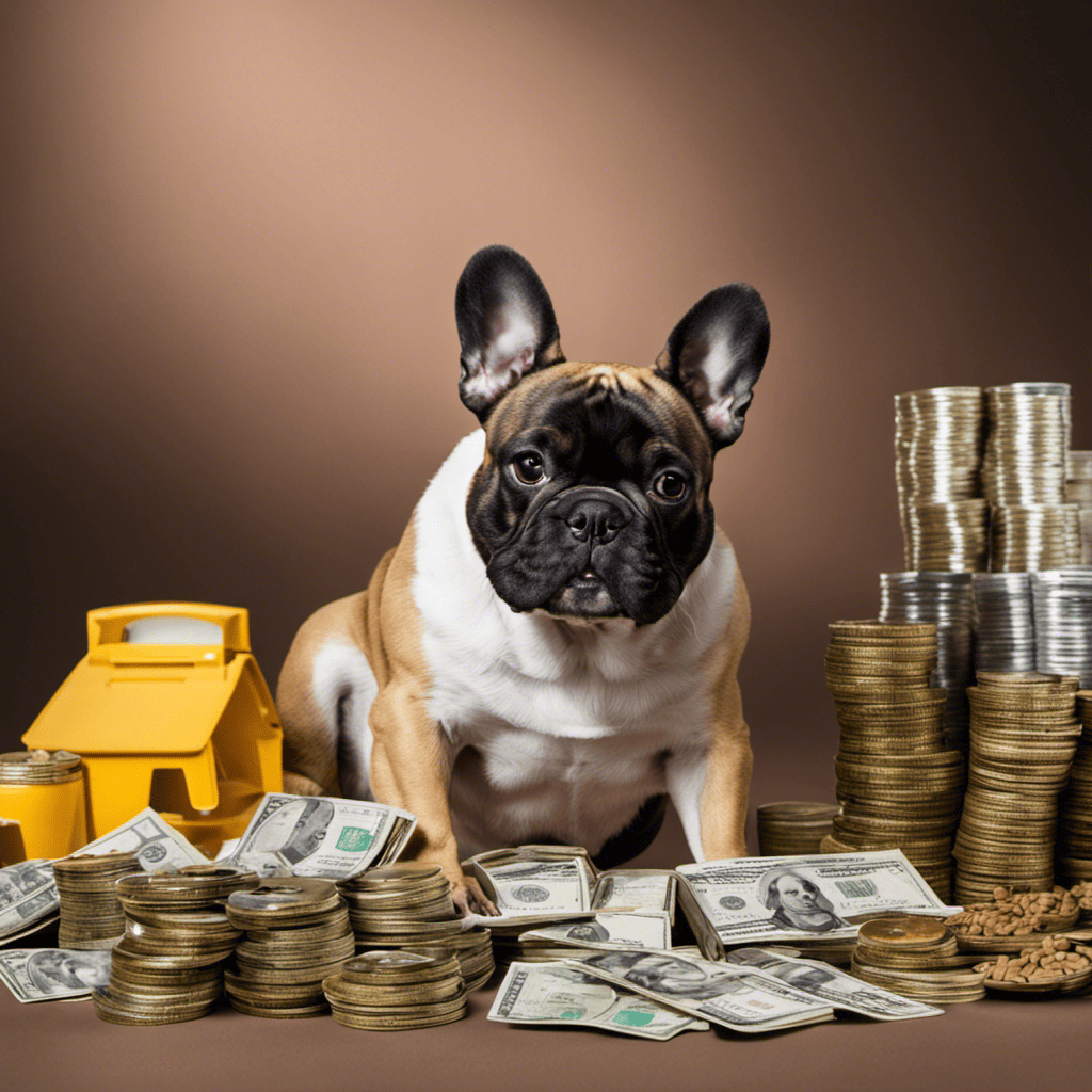 An image showing a French Bulldog sitting next to a stack of money, surrounded by various items like dog food, toys, grooming tools, and vet bills, highlighting the ongoing expenses of owning a French Bulldog