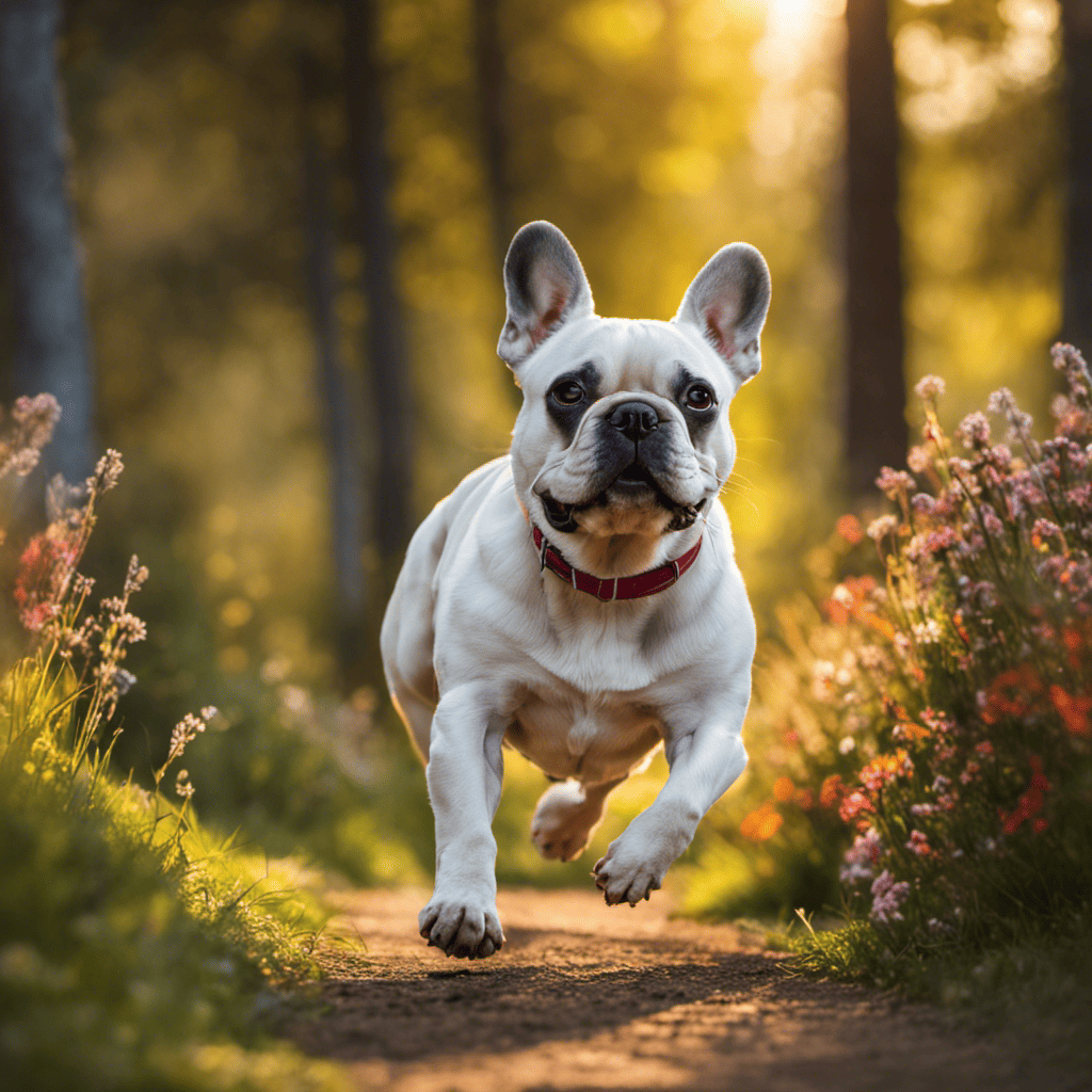 An image depicting a content, energetic French Bulldog happily trotting alongside its owner on a scenic jogging path, showcasing the joy and vitality that daily exercise brings to their breed