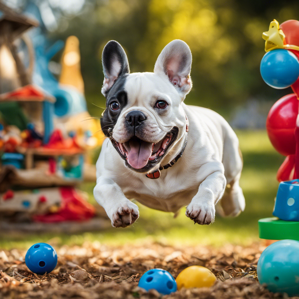 An image of a French Bulldog happily playing fetch in a spacious backyard, surrounded by colorful toys and obstacles